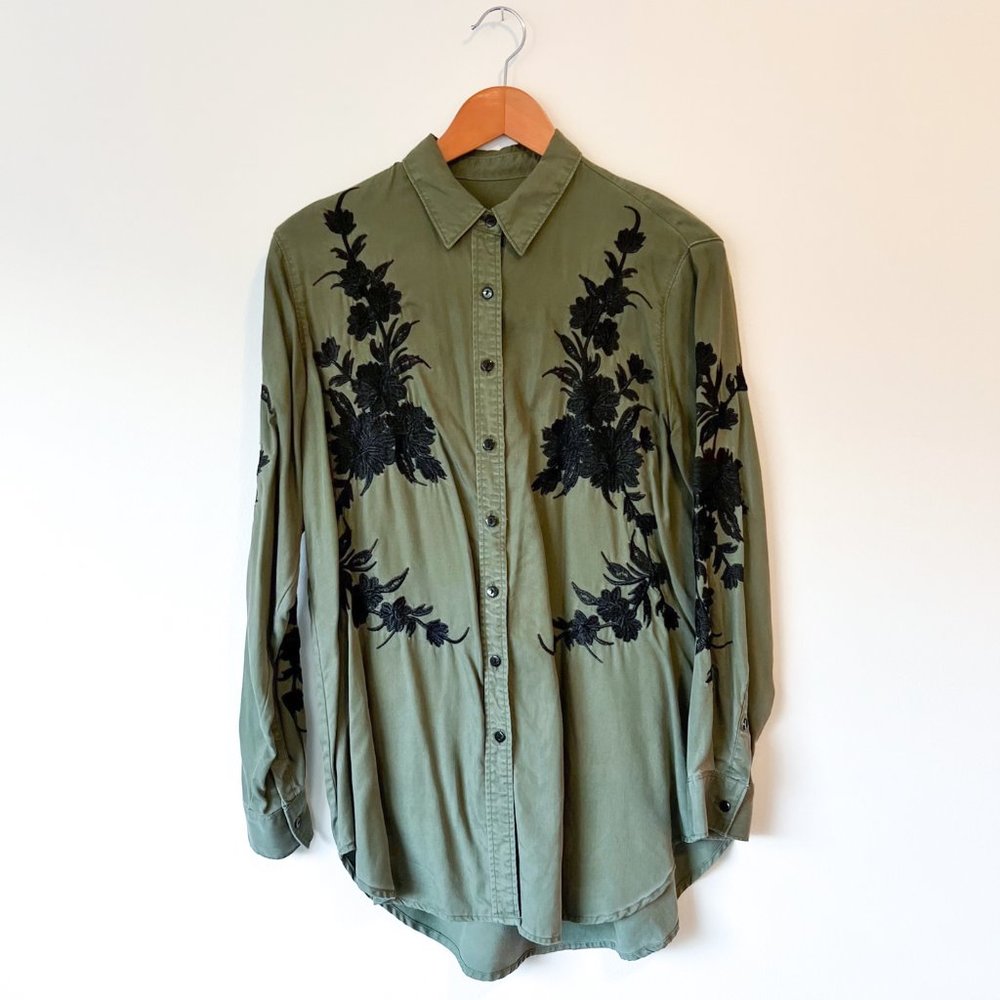 Zara Olive Green Button Down Shirt with Black Floral Embroidery